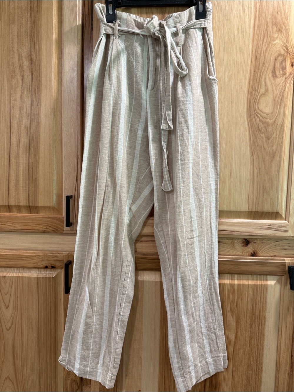 Striped Paperbag Waist Wide Leg Pants in Light Beige